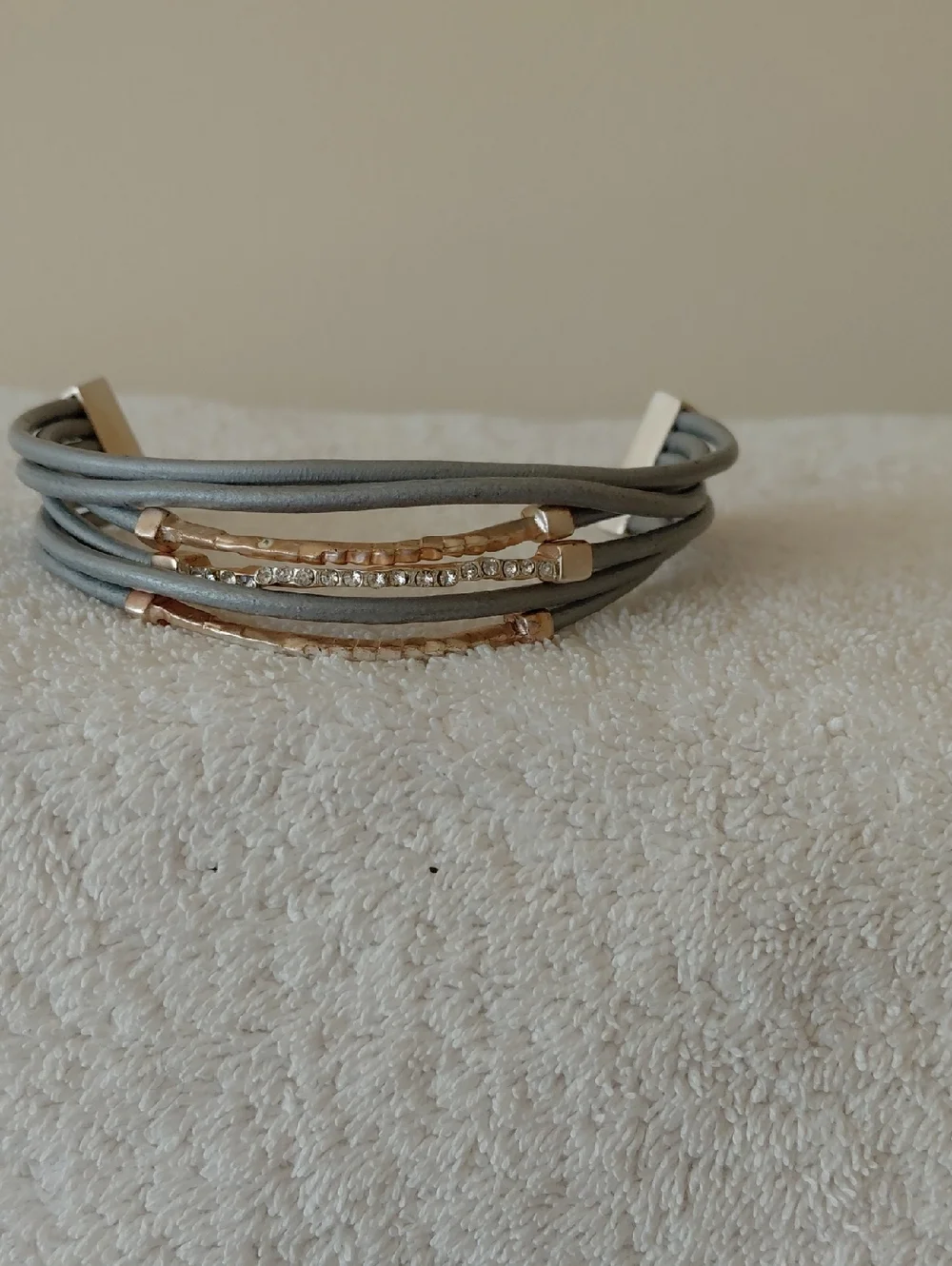 Multi-Strand Gray Leather and Gold Bracelet with Crystal Accent